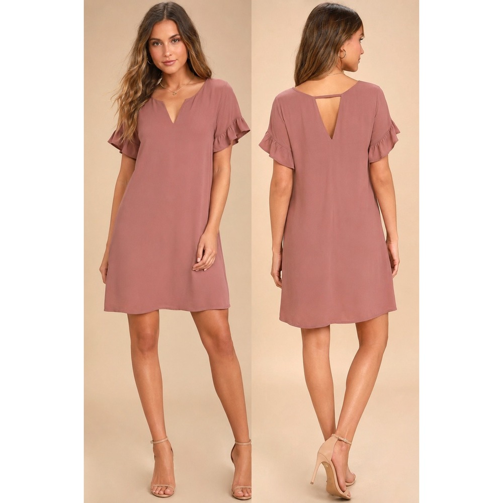 Lulus Mauve Pink Ruffle Sleeve V-Back Shift Mini Dress Womens XL Cottagecore
